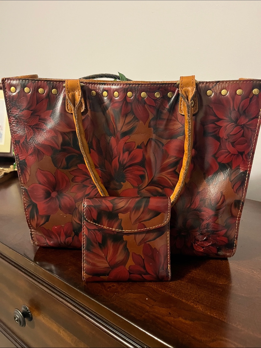 Patricia Nash Floral Red Leather Purse with Matching Wallet